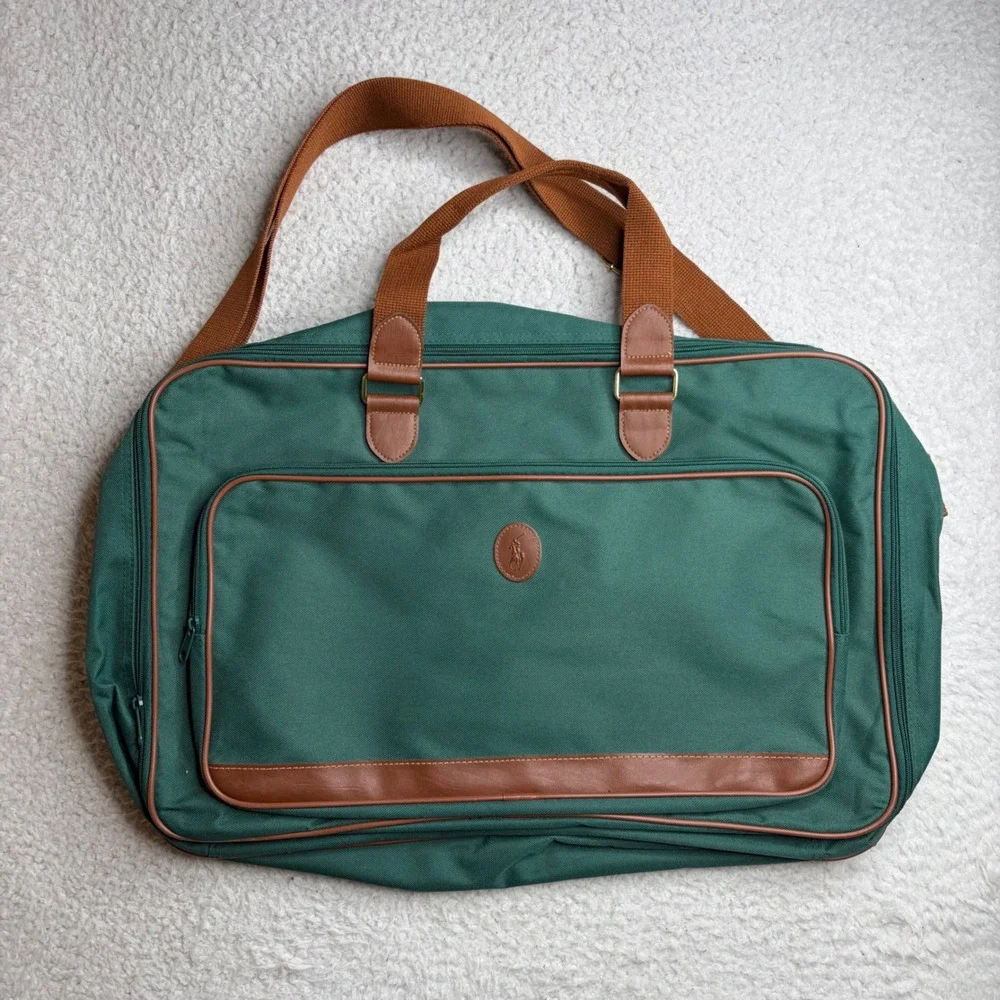 Polo Ralph Lauren Duffle Bag Green Canvas Brown Trim Travel Weekender